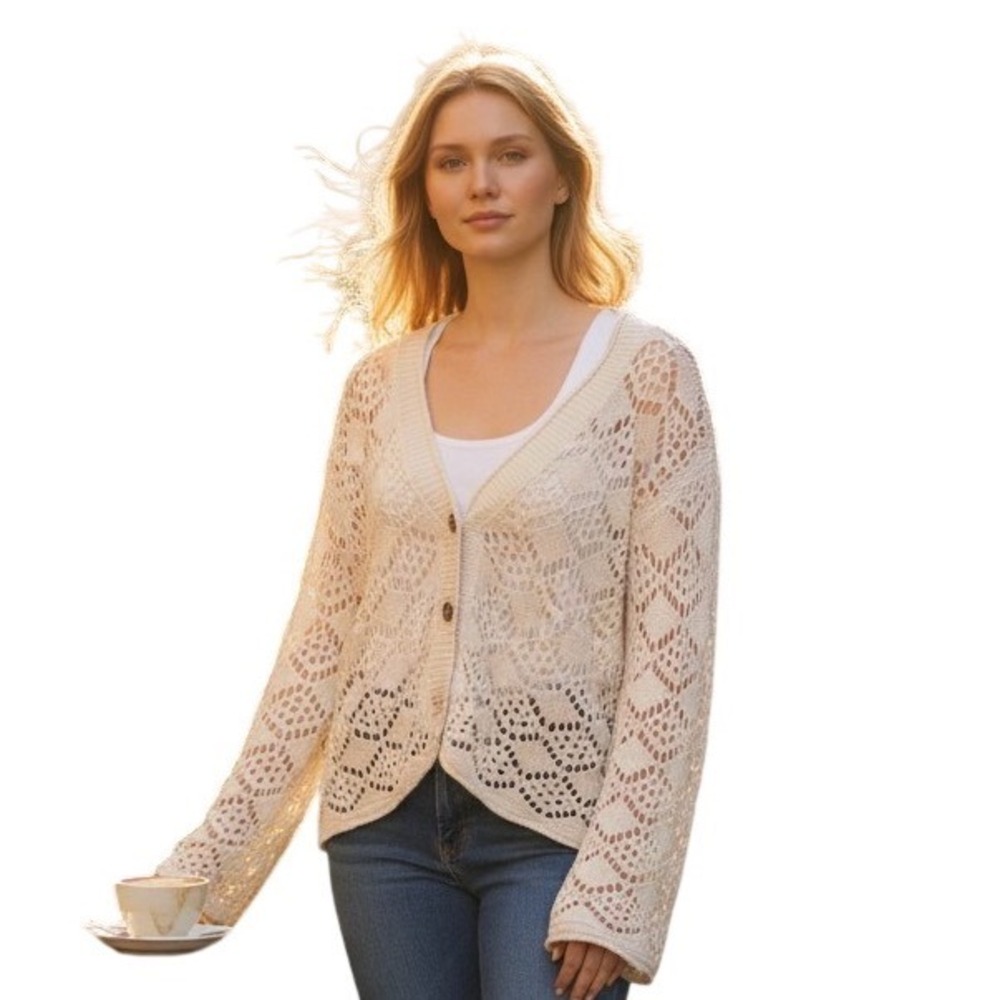 Vince Camuto Womens Pointelle Knit Cardigan Almond Cream V-Neck Sweater 91325213